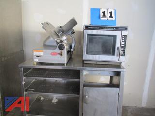 Berkel Automatic Slicer, 4' Stainless Steel Table and Menu-Master Microwave