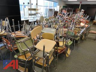 Large Assortment of Student Chairs, Shelves, Tables And More